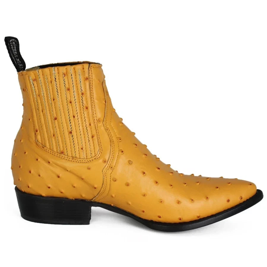 Men's Full Quill Ostrich Print J-Toe Short Ankle Western Cowboy Boots - Buttercup