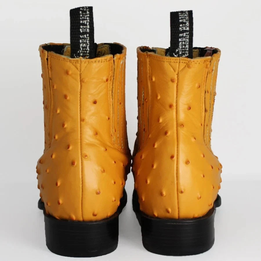 Men's Full Quill Ostrich Print J-Toe Short Ankle Western Cowboy Boots - Buttercup