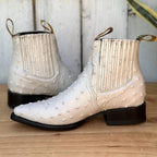 Men's Full Quill Ostrich Print J-Toe Short Ankle Western Cowboy Boots - Bone