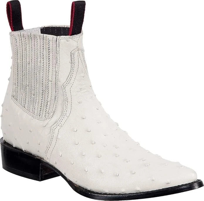 Men's Full Quill Ostrich Print J-Toe Short Ankle Western Cowboy Boots - Bone