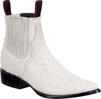 Men's Full Quill Ostrich Print J-Toe Short Ankle Western Cowboy Boots - Bone