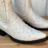 Men's Full Quill Ostrich Print J-Toe Short Ankle Western Cowboy Boots - Bone