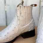 Men's Full Quill Ostrich Print J-Toe Short Ankle Western Cowboy Boots - Bone