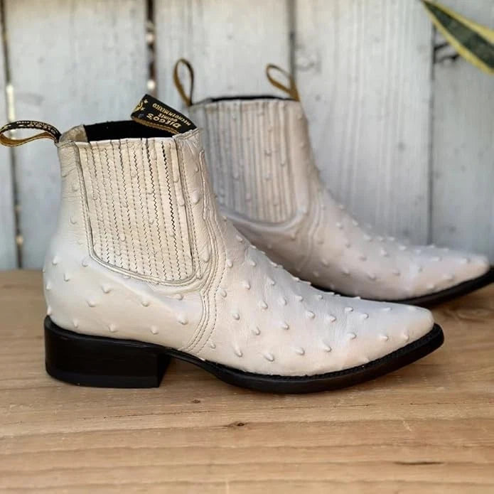 Men's Full Quill Ostrich Print J-Toe Short Ankle Western Cowboy Boots - Bone