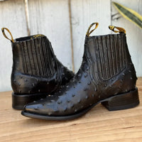 Men's Full Quill Ostrich Print J-Toe Short Ankle Western Cowboy Boots - Black