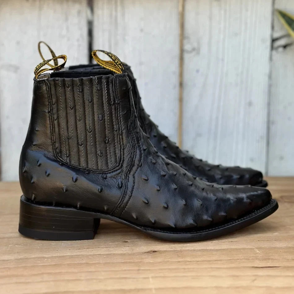 Men's Full Quill Ostrich Print J-Toe Short Ankle Western Cowboy Boots - Black