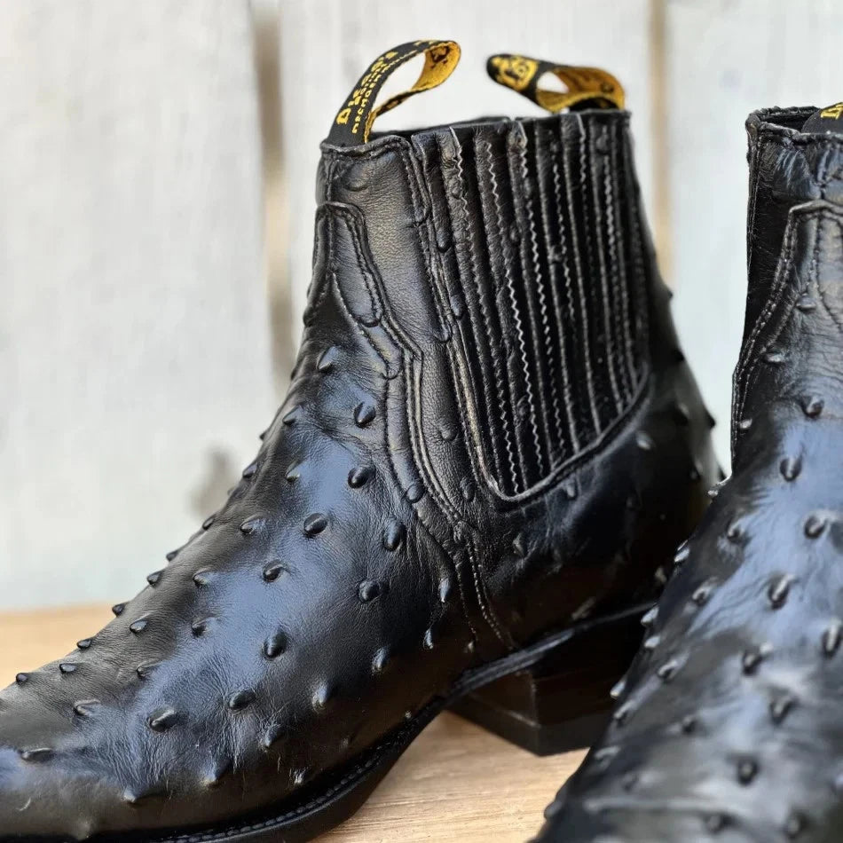 Men's Full Quill Ostrich Print J-Toe Short Ankle Western Cowboy Boots - Black