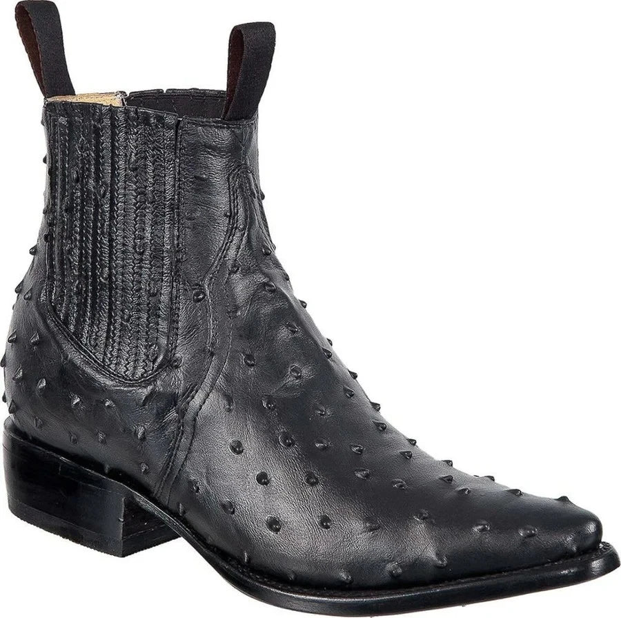Men's Full Quill Ostrich Print J-Toe Short Ankle Western Cowboy Boots - Black