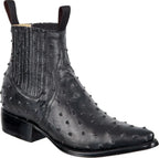 Men's Full Quill Ostrich Print J-Toe Short Ankle Western Cowboy Boots - Black
