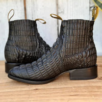 Men's Caiman Alligator Print J-Toe Short Ankle Western Cowboy Boots - Black
