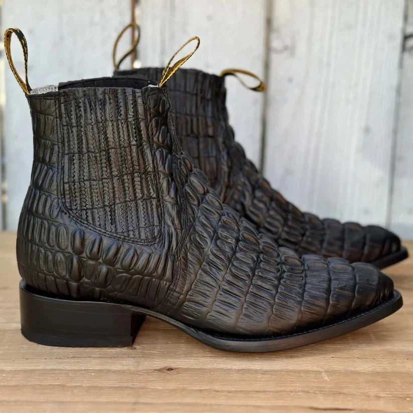 Men's Caiman Alligator Print J-Toe Short Ankle Western Cowboy Boots - Black