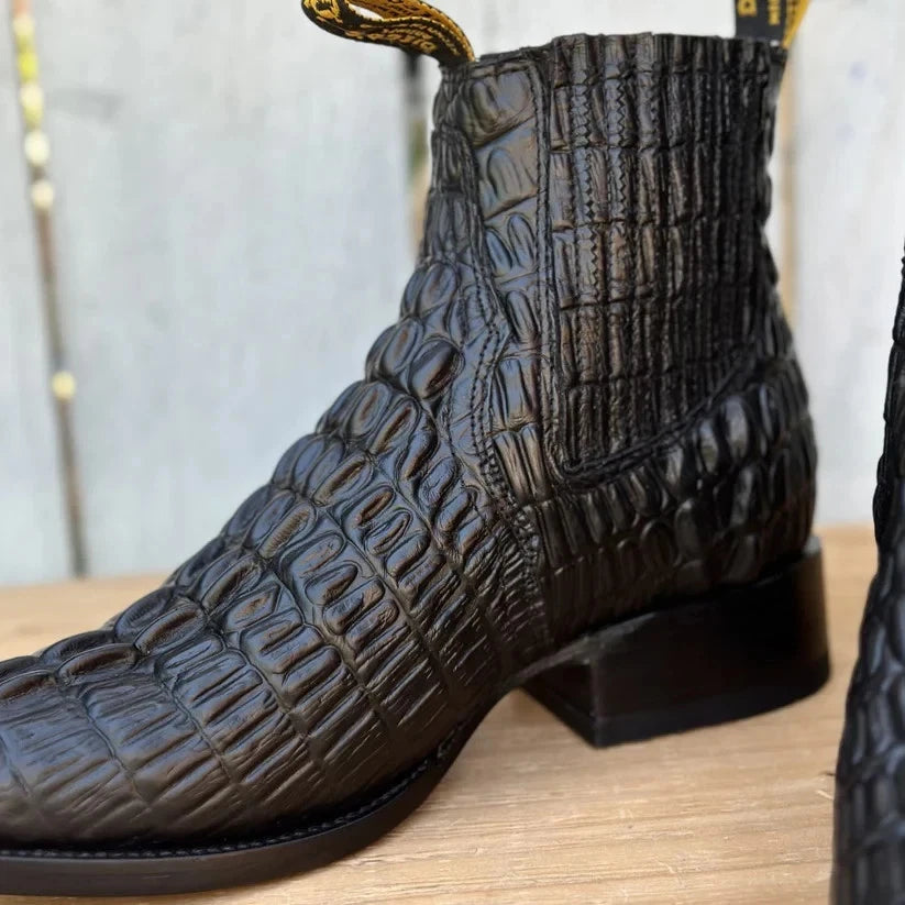 Men's Caiman Alligator Print J-Toe Short Ankle Western Cowboy Boots - Black