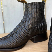 Men's Caiman Alligator Print J-Toe Short Ankle Western Cowboy Boots - Black