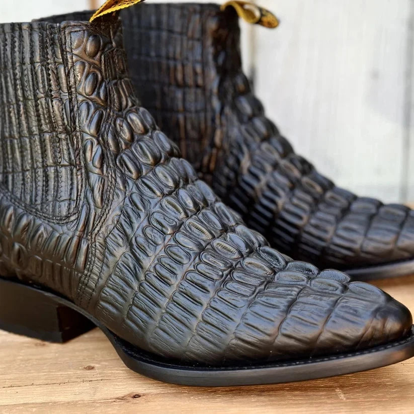 Men's Caiman Alligator Print J-Toe Short Ankle Western Cowboy Boots - Black