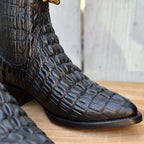 Men's Caiman Alligator Print J-Toe Short Ankle Western Cowboy Boots - Black
