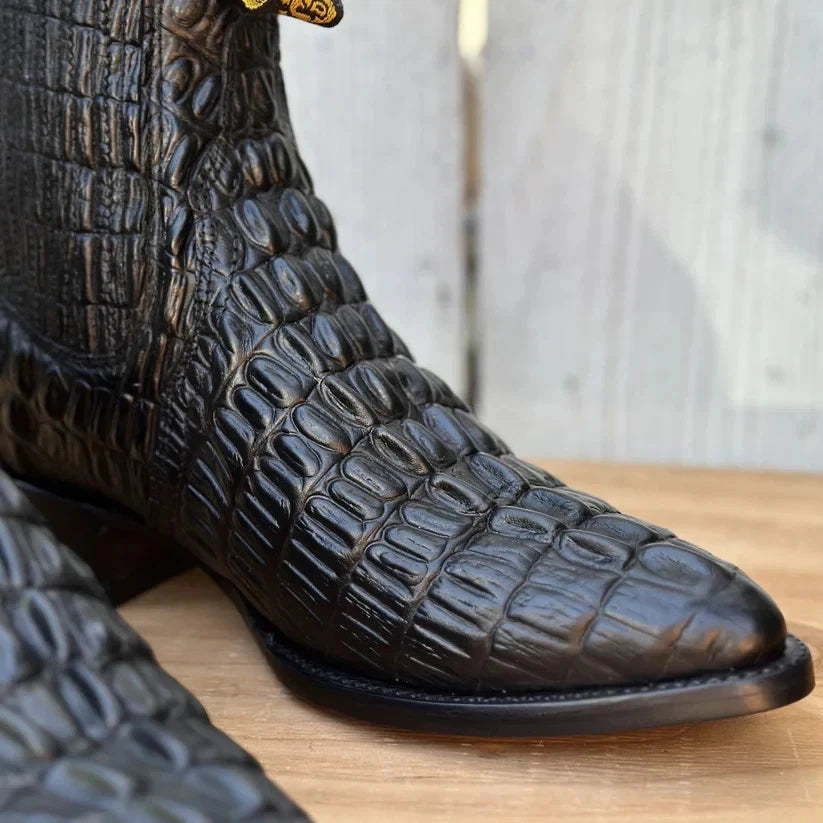 Men's Caiman Alligator Print J-Toe Short Ankle Western Cowboy Boots - Black