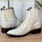 Men's Caiman Alligator Print J-Toe Short Ankle Western Cowboy Boots - Bone