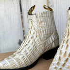 Men's Caiman Alligator Print J-Toe Short Ankle Western Cowboy Boots - Bone