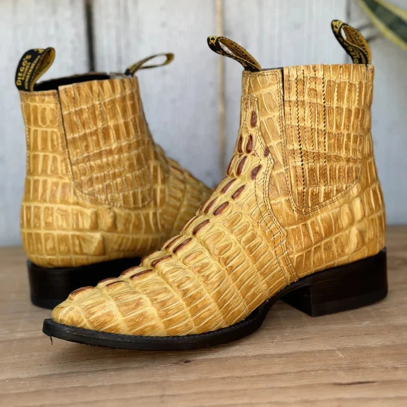 Men's Caiman Alligator Print J-Toe Short Ankle Western Cowboy Boots - Buttercup