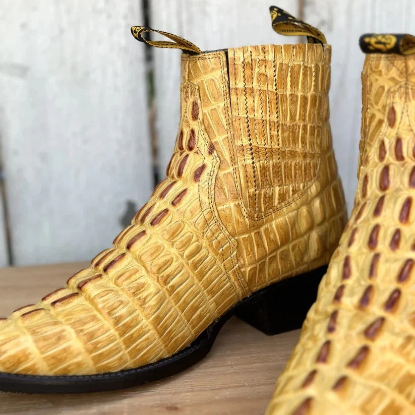 Men's Caiman Alligator Print J-Toe Short Ankle Western Cowboy Boots - Buttercup