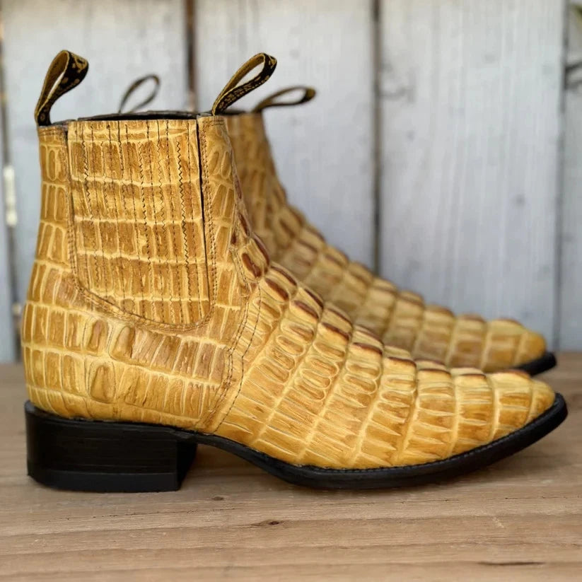 Men's Caiman Alligator Print J-Toe Short Ankle Western Cowboy Boots - Buttercup