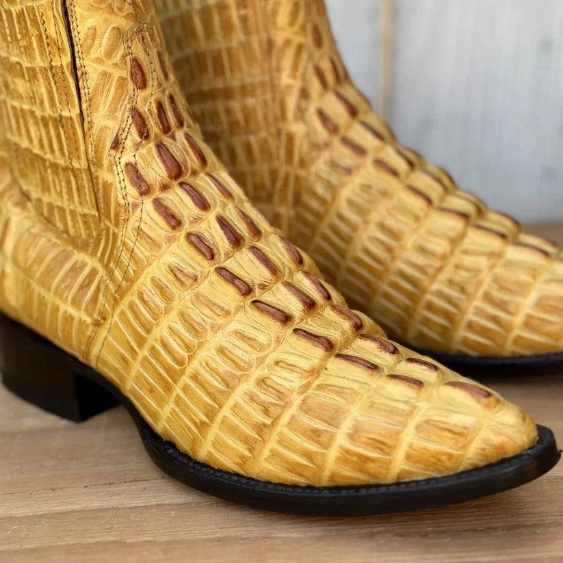 Men's Caiman Alligator Print J-Toe Short Ankle Western Cowboy Boots - Buttercup