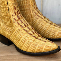 Men's Caiman Alligator Print J-Toe Short Ankle Western Cowboy Boots - Buttercup