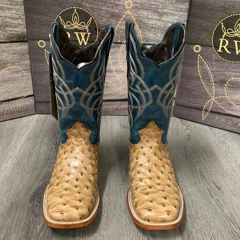 Reywelt Men's Ostrich Print Square Toe Cowboy Boots – Tan