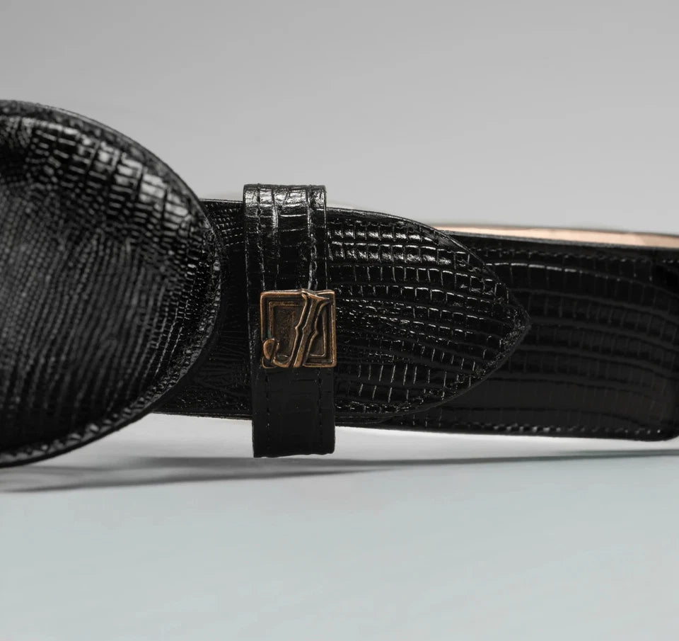 Exotic Lizard Leather Print Western Belt with Removable Buckle - Black