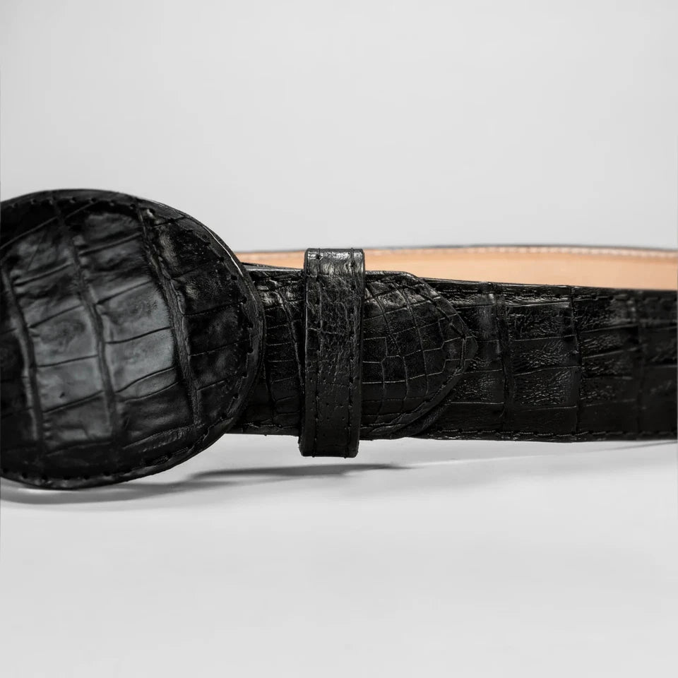 Genuine Exotic Caiman Alligator Crocodile Skin Cowboy Belt with Removable Buckle - Black