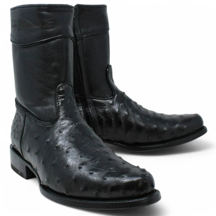 White Diamonds Men's Genuine Ostrich Skin Short Cowboy Boots with Zipper – Black