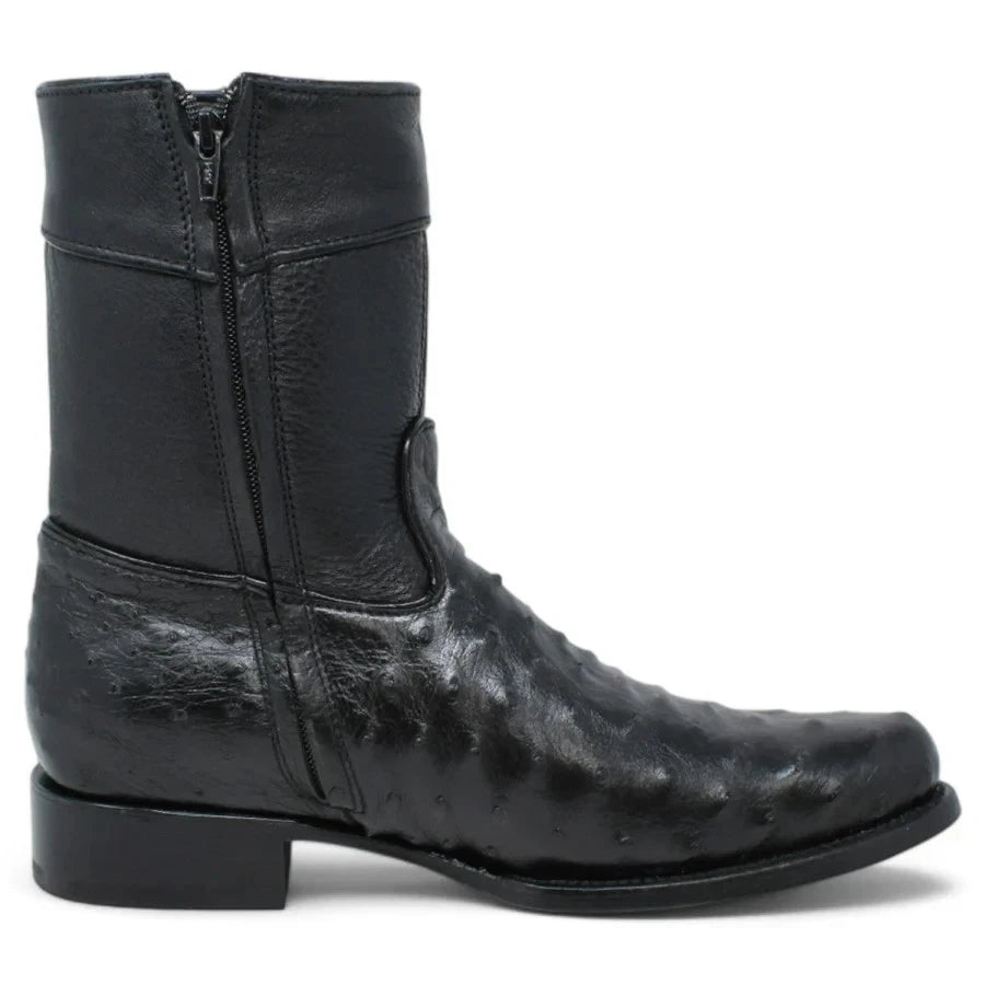 White Diamonds Men's Genuine Ostrich Skin Short Cowboy Boots with Zipper – Black