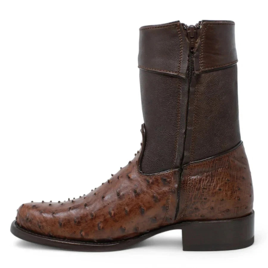 White Diamonds Men's Genuine Ostrich Skin Short Cowboy Boots with Zipper – Brown