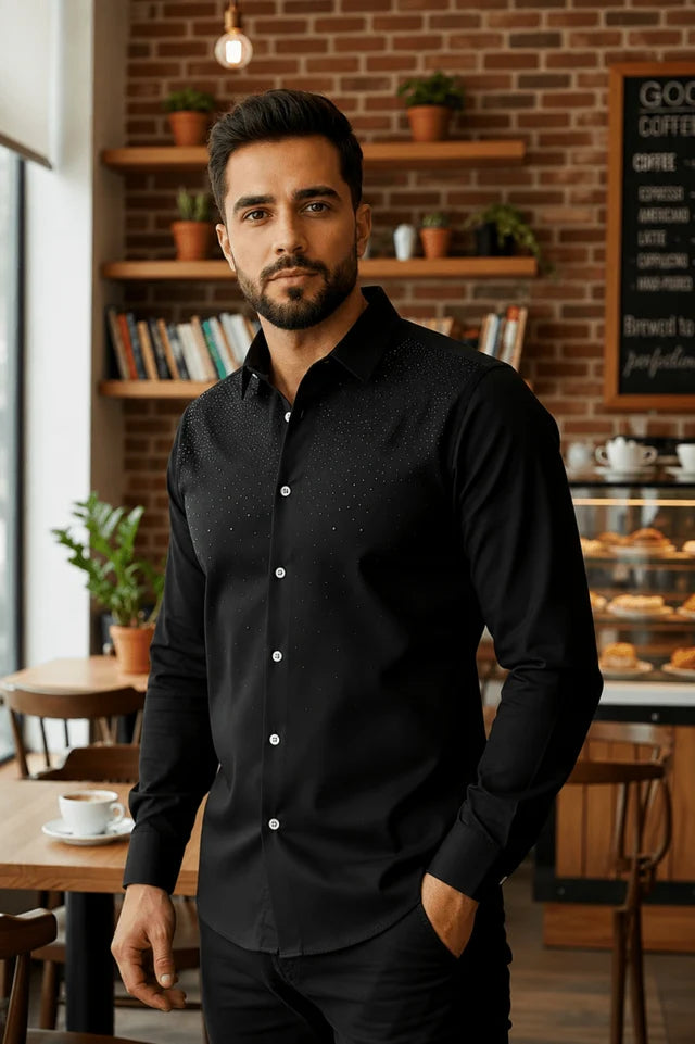 Contti - Elegant Long-Sleeve Men's Shirt with Buttons and Subtle Sparkle – Black
