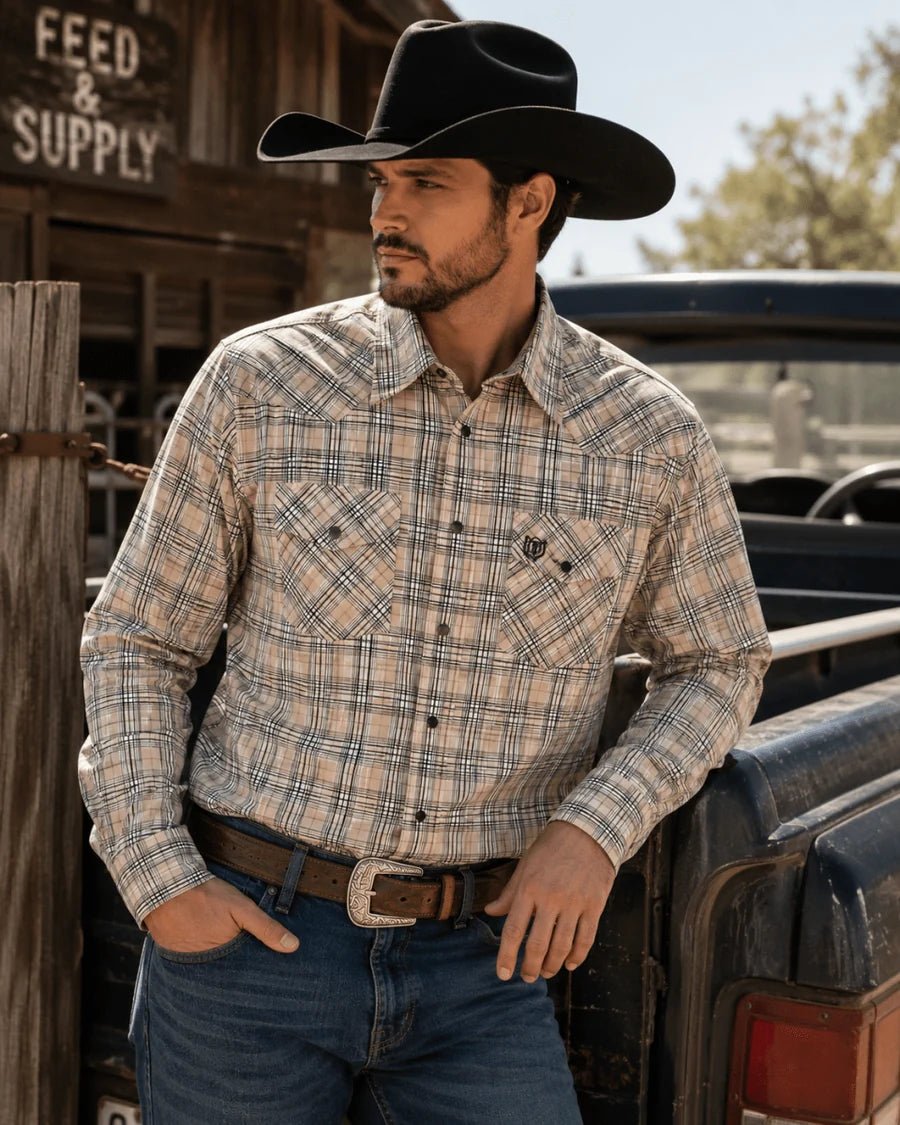 The American West - Short-Sleeve Plaid Western Shirt - Beige - OriginalWestern.com