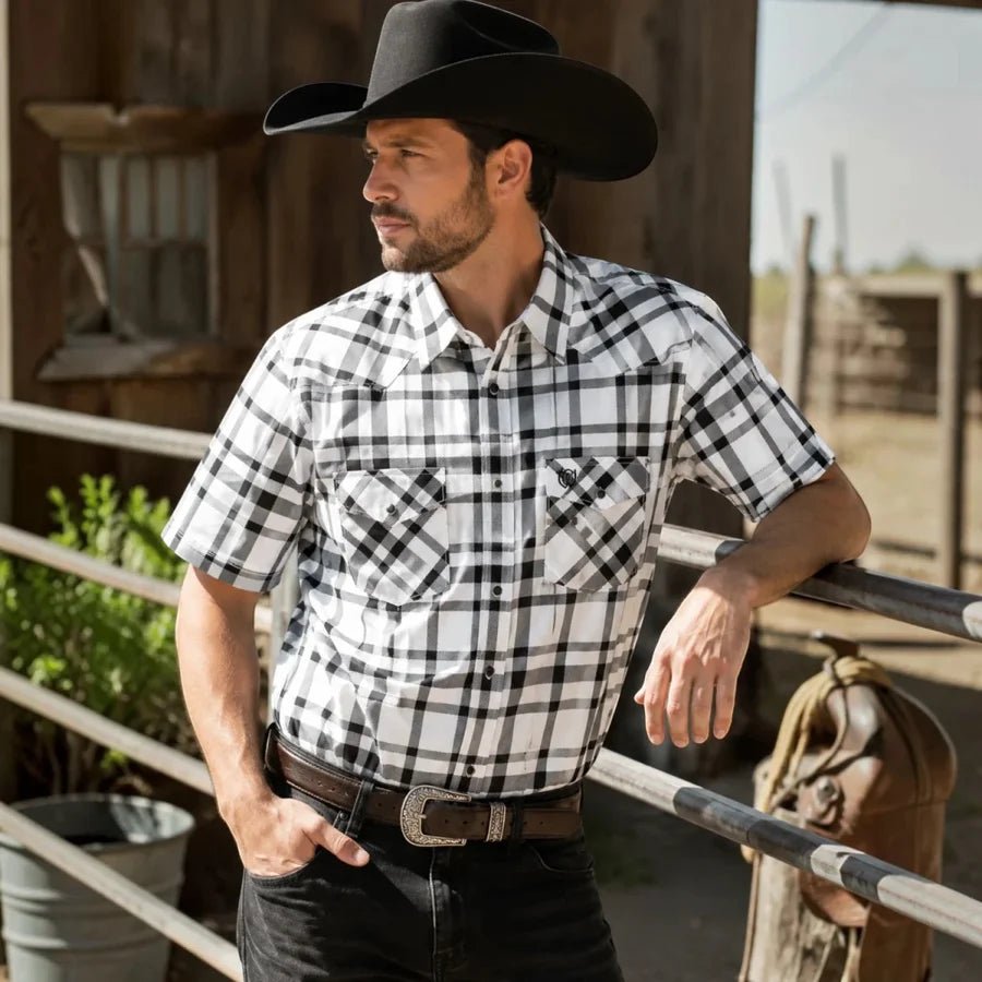 The American West - Short-Sleeve Plaid Western Shirt - White/Black AW-540H - OriginalWestern.com