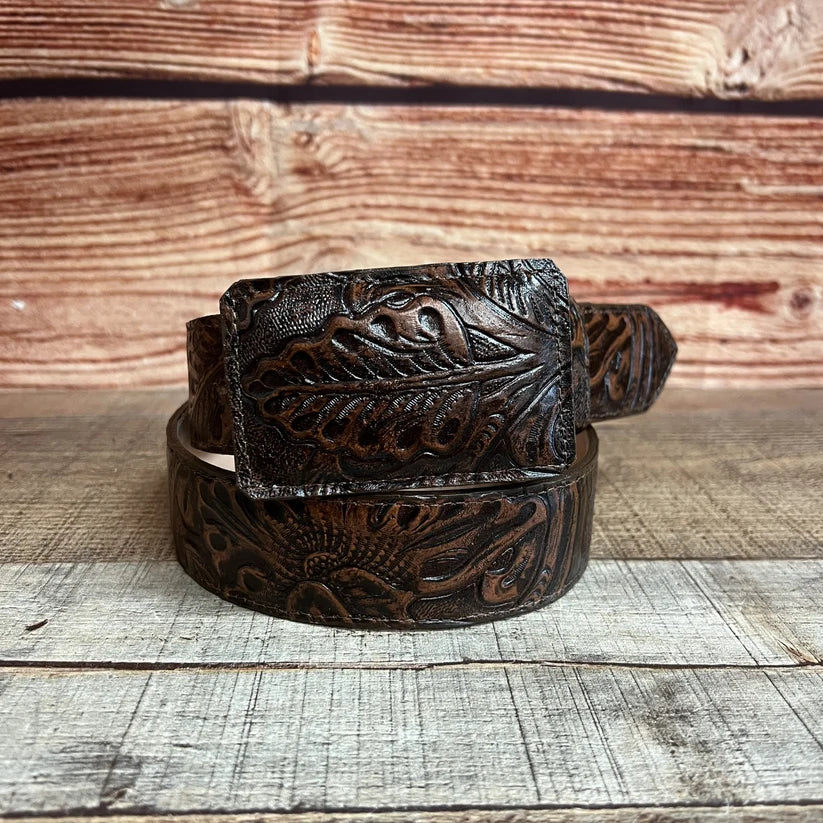 Genuine Handtooled Cincelado Leather Western Belt with Removable Buckle - Brown