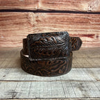 Genuine Handtooled Cincelado Leather Western Belt with Removable Buckle - Brown