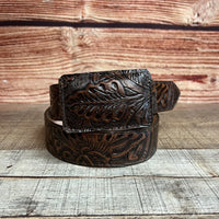 Genuine Handtooled Cincelado Leather Western Belt with Removable Buckle - Brown
