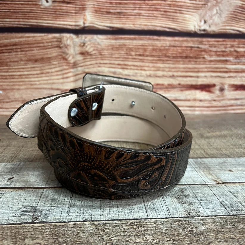 Genuine Handtooled Cincelado Leather Western Belt with Removable Buckle - Brown