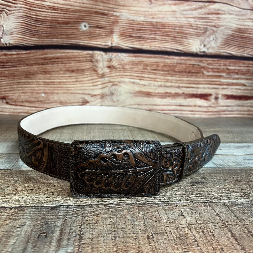 Genuine Handtooled Cincelado Leather Western Belt with Removable Buckle - Brown