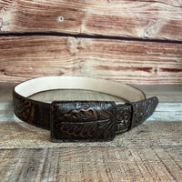 Genuine Handtooled Cincelado Leather Western Belt with Removable Buckle - Brown