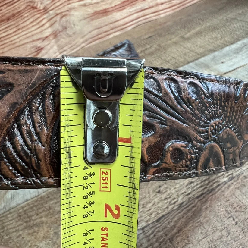 Genuine Handtooled Cincelado Leather Western Belt with Removable Buckle - Brown