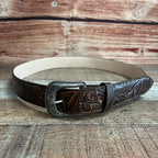 Genuine Handtooled Cincelado Leather Western Belt with Removable Buckle - Brown