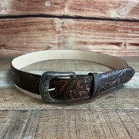 Genuine Handtooled Cincelado Leather Western Belt with Removable Buckle - Brown