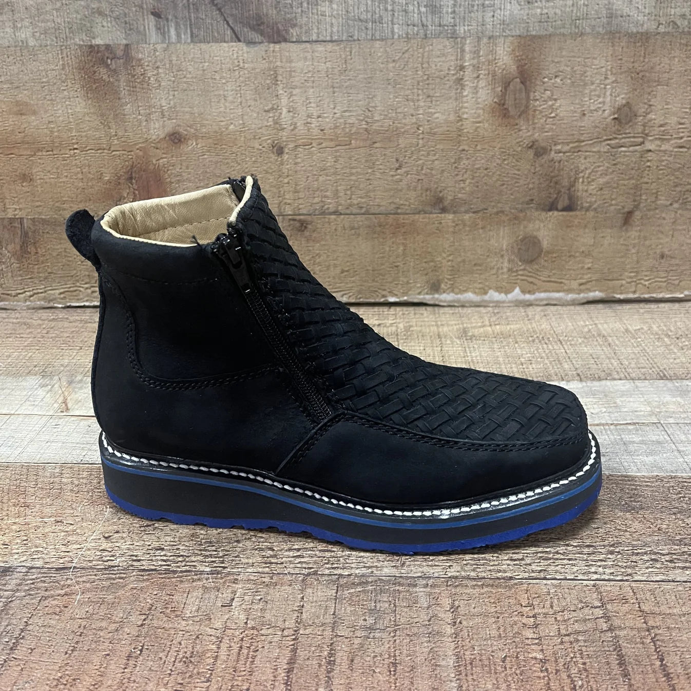 Men's Work Red/Blue Sole Zipper Handwoven Genuine Leather Oil/Water Resistant Est 334/444 Blue