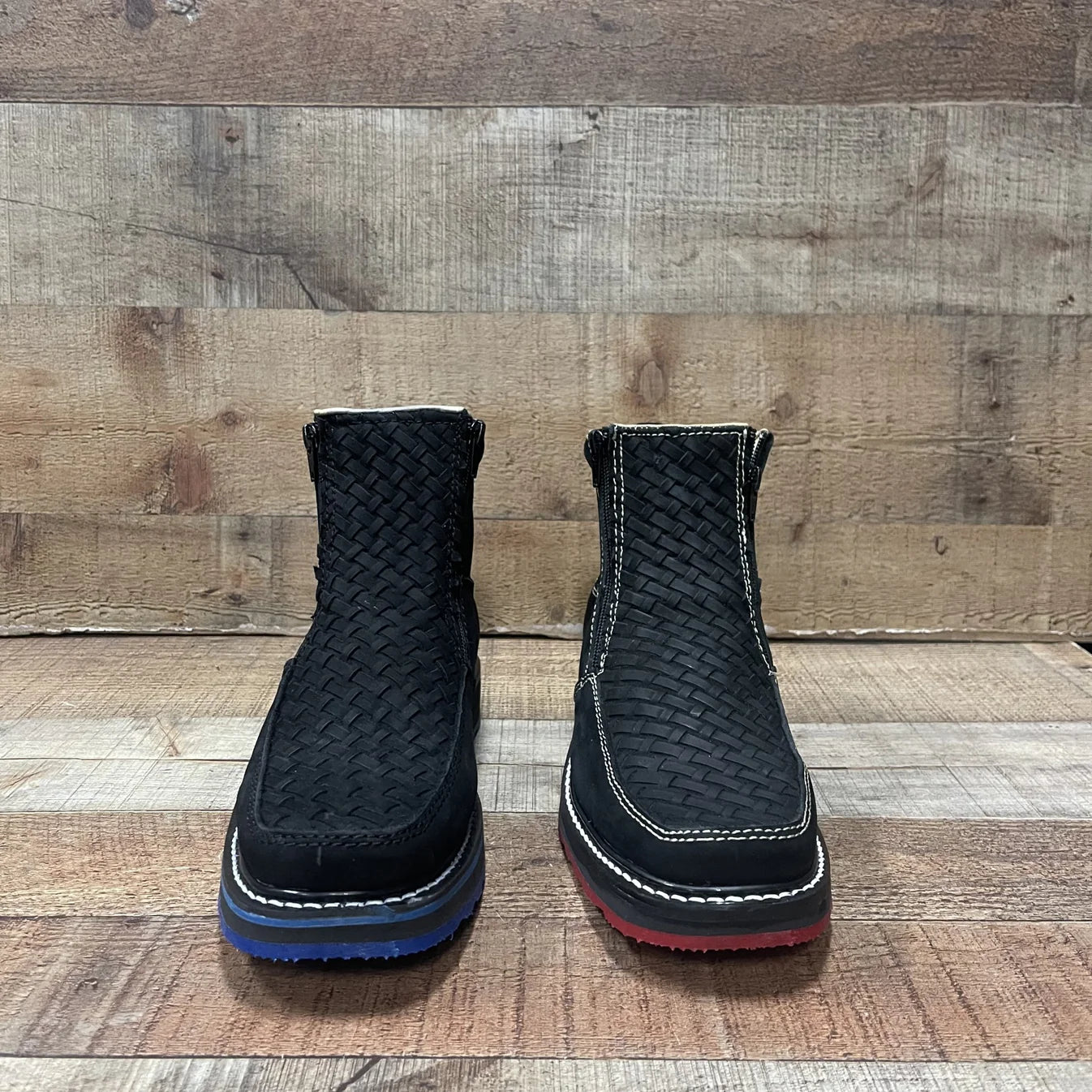 Men's Work Red/Blue Sole Zipper Handwoven Genuine Leather Oil/Water Resistant Est 334/444 Blue