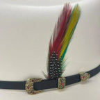 Decorative belt with colorful feathers and ornate buckle on a white background