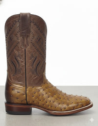 Silverton Ostrich Print Leather Wide Square‑Toe Cowboy Boots – Honey