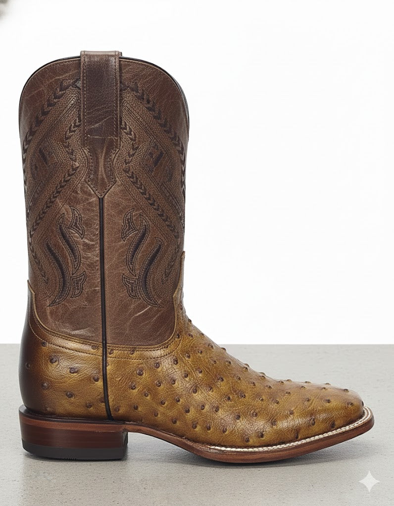 Silverton Ostrich Print Leather Wide Square‑Toe Cowboy Boots – Honey